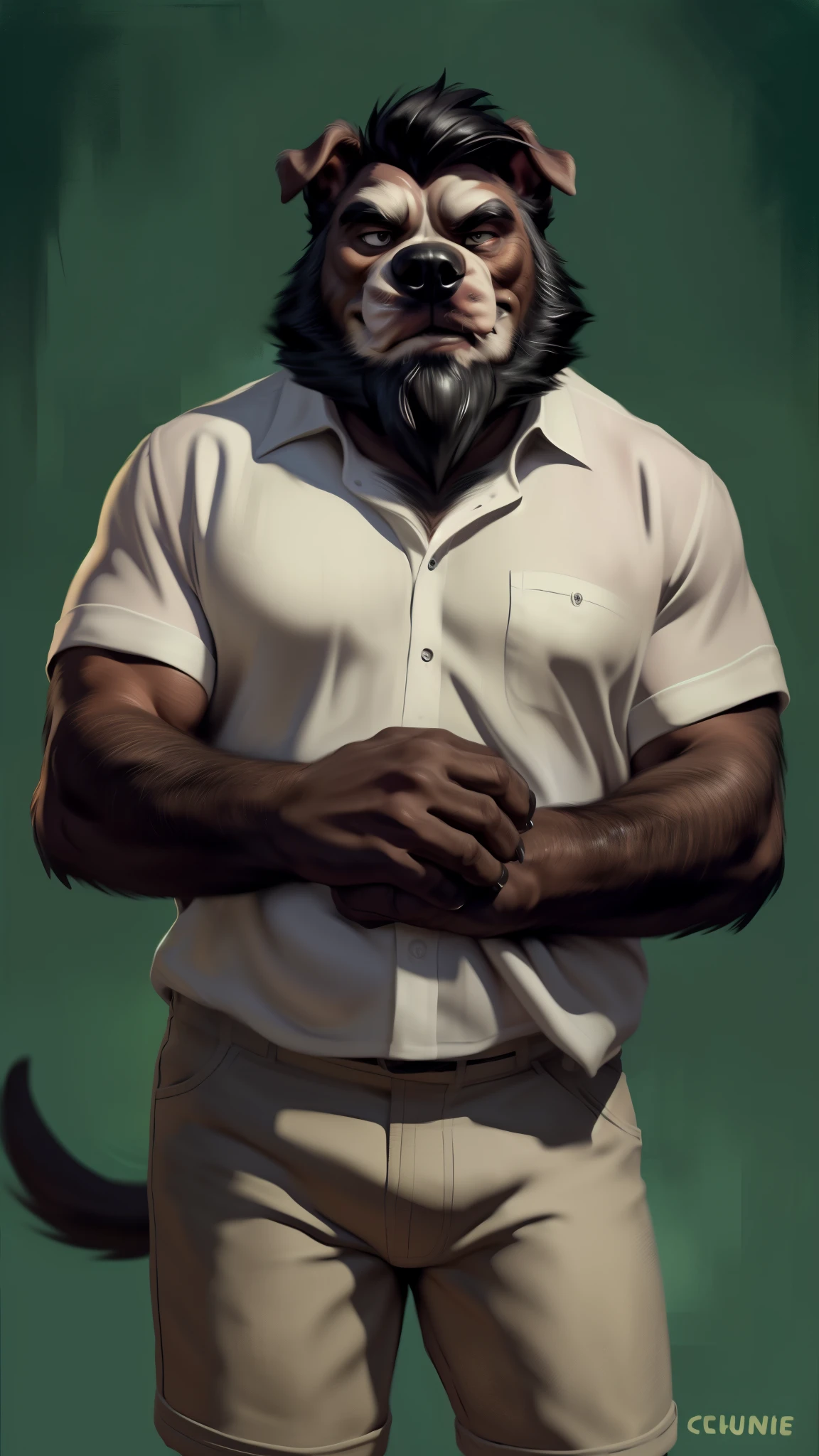 by chunie by catsudon by retros, male,upset,((annoyance)),((middle aged male)),((Bearded)), Canid, solo,(musuclar), ((BullDog,tail)),(black hair), facial hair, facing viewer, ((Highly detailed face)), (((daddy Figure))), ((smilling)), green abstract background, ((white shirt)),((short pants)),((((wise)))),((DILF)),
