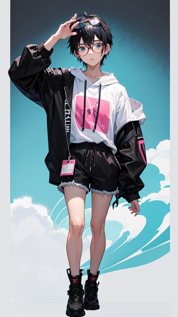 19 year old male, White Asian, black and sky blue middle parted textured hair, pink oversized hoodie with Lana's name written on it, wearing black corduroy shorts, oversized black round rimmed glasses, narrow blue eyes.