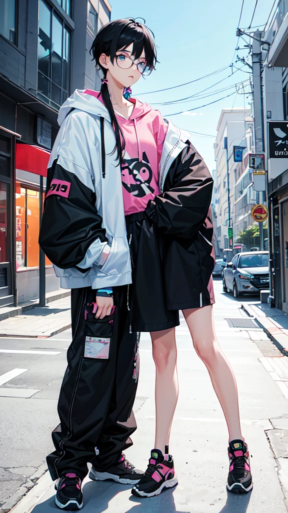19 year old male, White Asian, black and sky blue middle parted textured hair, pink oversized hoodie with Lana's name written on it, wearing black corduroy shorts, oversized black round rimmed glasses, narrow blue eyes.