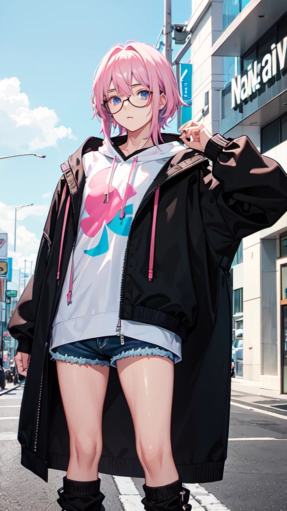19 year old male, White Asian, black and sky blue middle parted textured hair, pink oversized hoodie with Lana's name written on it, wearing black corduroy shorts, oversized black round rimmed glasses, narrow blue eyes.