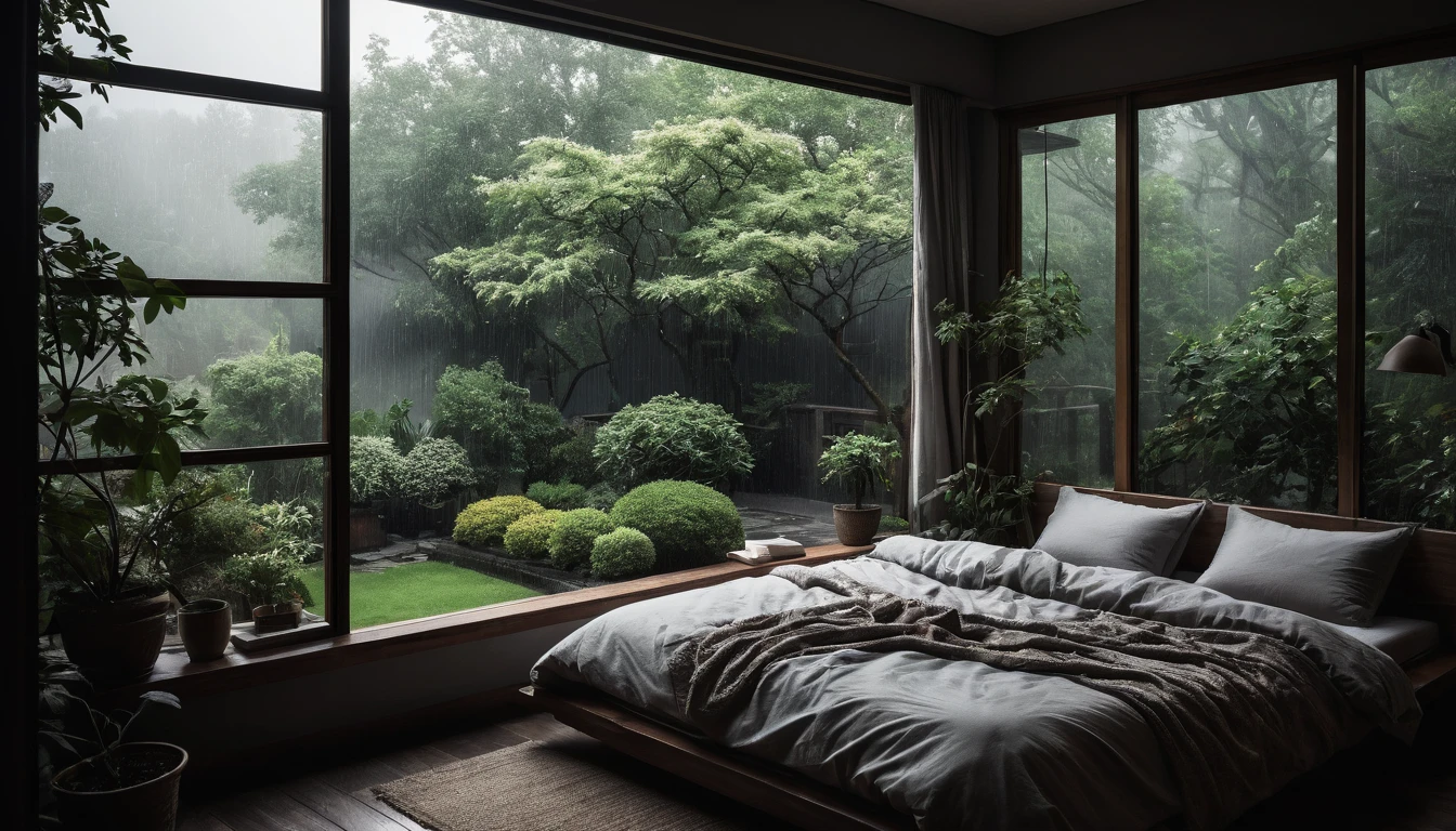 The picture shows a cozy gloomy bedroom, with a large window offering a view of a beautiful, dimly lit garden AND a garden soaked in FLOWERS, the cobblestones of the Japanese house concept. CINEMATIC, JAPANESE HOUSE, the shape of a Japanese house, and lots of flower gardens in the garden. The bed was unmade with rumpled sheets, indicating only a light sleep. the room is dark, gloomy, looks dim, gloomy. Beside the bed there is a small table with a classic lamp that radiates warm light into the room. Outside the window you can see the lush greenery of the terrace or balcony area, the rain is falling, the lamp on the left provides warm lighting, creating a calm and peaceful atmosphere. with fog obscuring part of the view in the distance. The contrast between the warmth indoors and the rain outdoors creates an inviting and calming atmosphere