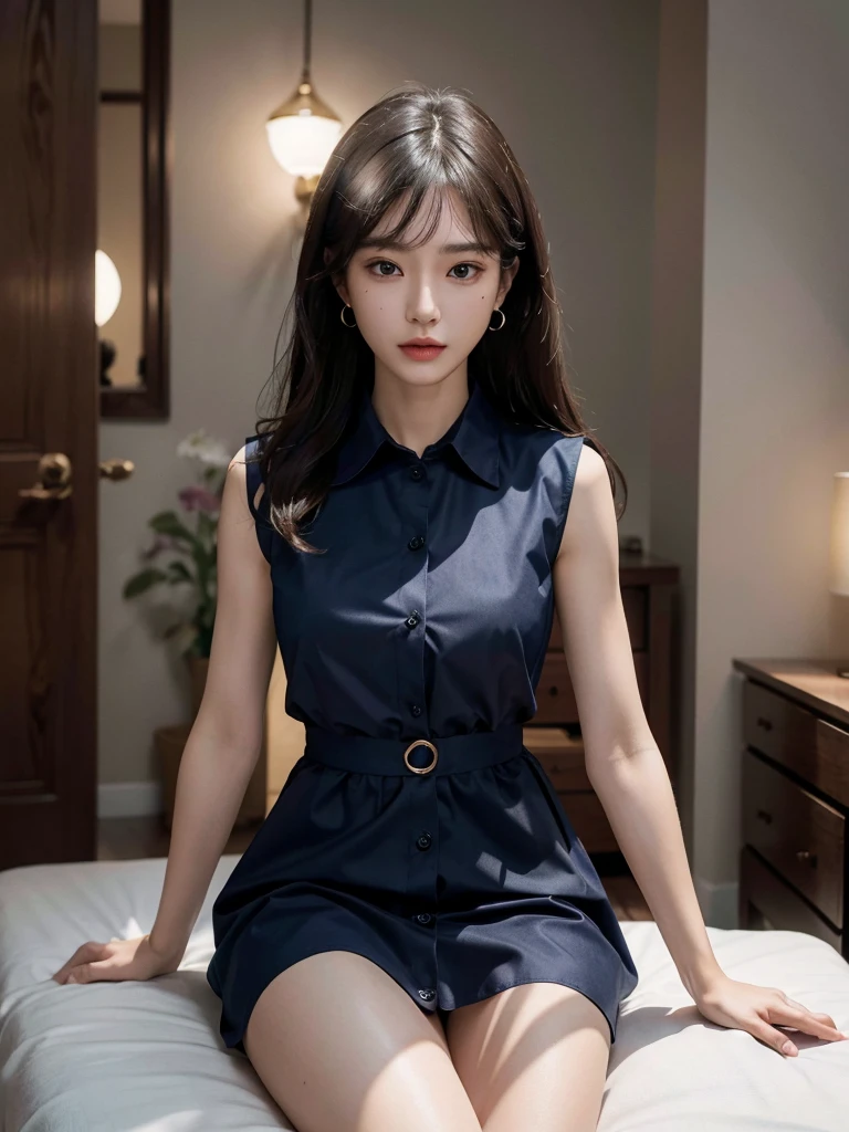 absurdres, RAW photo, extremely delicate and beautiful, masterpiece, Best Quality, ultra high resolution, 32k, hyperrealistic, ultra-detailed, perfect anatomy, anatomically correct, perfect figure, Perfect Style, Perfect balance, super Detailed skin, in her 30s, very Slim body, narrow waist, very small head, very small face, delicate facial features, tearful mole, earring, very huge round tits, (full body shot:1.2), (whole legs:1.2), medium hair, dark blonde hair, asymmetrical hair, indoor, (collared navy button shirt dress:1.2), (sleeveless:1.2),