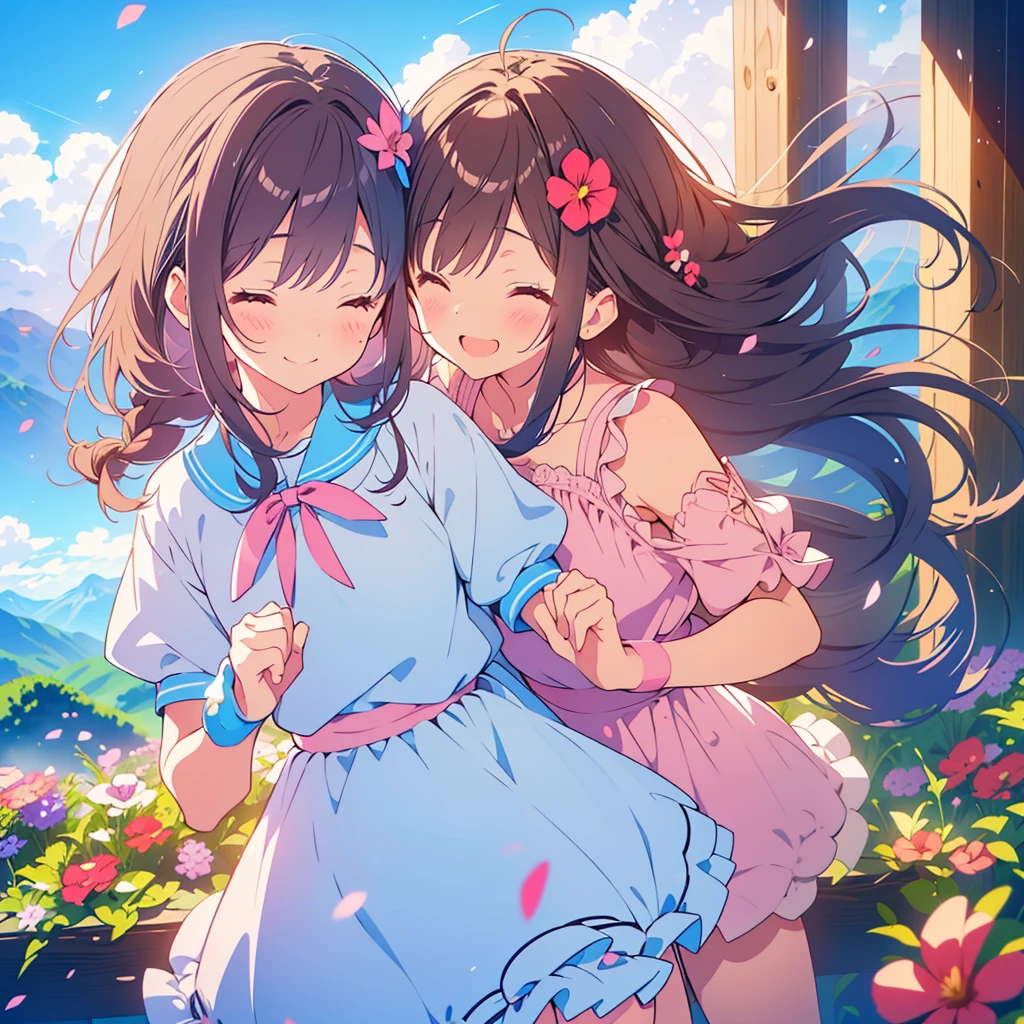 kawaii, anime, Cute, hyper quality, highly detailed, 8k, Clarity, young twin sisters, dark brown long hair, dark brown braided hair, petunia flower garden, Hold hands and dance around in the flower field, Close your eyes and smile, close your eyes and laugh, A good friend, dance and jump, Flower blooming plateau, spreading mountain range, clear sky, clear sky, little bird flies, plateau of the alps, light blue maid outfit, pink maid outfit, big ribbon, Draw facial expressions in detail, colorful petunia flowers, Close your eyes and smile, Petunia petals are dancing, Detailed drawing of petunia flowers, aerial view, light pours down, Symmetrical,