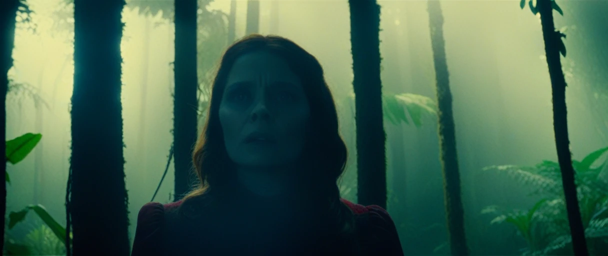 movie still of a desperate woman walking throught the rainforest, (scared:1.2), close-up, (horror \(theme\):1.3), film grain, dark shadows, dramatic lighting