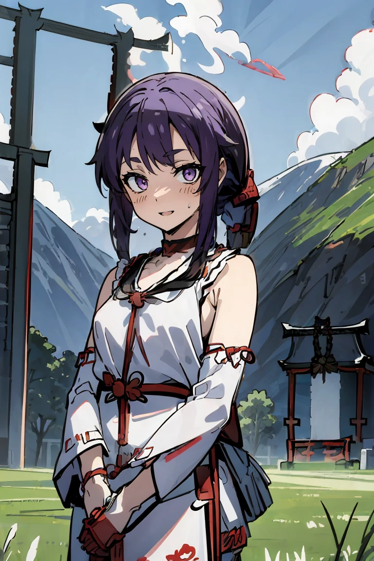 (masterpiece:1.2), (high quality:1.2), reo mikage, blue lock, girls with((1girl, solo, purple hair, (medium hair, right swept bangs, one side up:1.55), bare shoulder, blush, breasts, black sleeves, choker, cleavage, cowboy shot, collar, collarbone, rosary, rosary choker, cross, white clothes, blouse, sleeveless, neck ribbon, big ribbon, cheongsam, cinderella dress, long dress, frill pannier, leggings, boots, sandals, bare feet)), background with((architecture, blue sky, bush, castle, village, no humans, cloud, cloudy sky, day, field, garden, grass, hill, house, lamppost, landscape, mountain, mountainous horizon, nature, no humans, outdoors, scenery, shrine, sky:2.0))