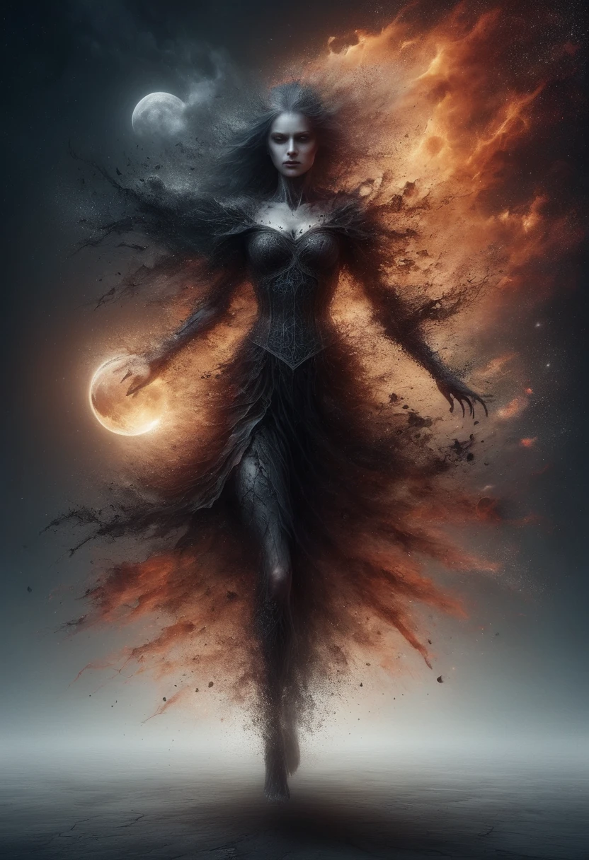 creepy style heart demons, solvent woman, shrouded in fire, costs, One, her form a deeper shade within the all-encompassing Darkness, проведение таинственного a ritualа, known only to her, moving with precision and grace through thick, tangible obscurity, surrounds it, a ritual, paving the paths of hellish emptiness into emptiness itself, Huge blood moon in the background, moon light filters through the Darkness illuminating her form, crows gather around her, attracted by the mysterious aura of this invisible sculptor., style by Russ Mills and Tyler Shields. SimplePositiveXLv2, . Dark, Gothic, gloomy, pursuing, very detailed,