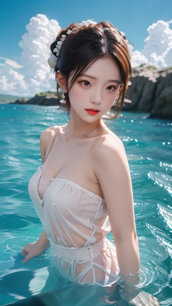 masterpiece, best quality, Stills, 1 girl, floating in the air, cloud girl, cloud, (close up:1.1), bright, Happy, pleasure, Soft Light, (Bauhaus, shape, metal wire, Abstract:1.1),Off-shoulder,Strapless,Skinny sexy top