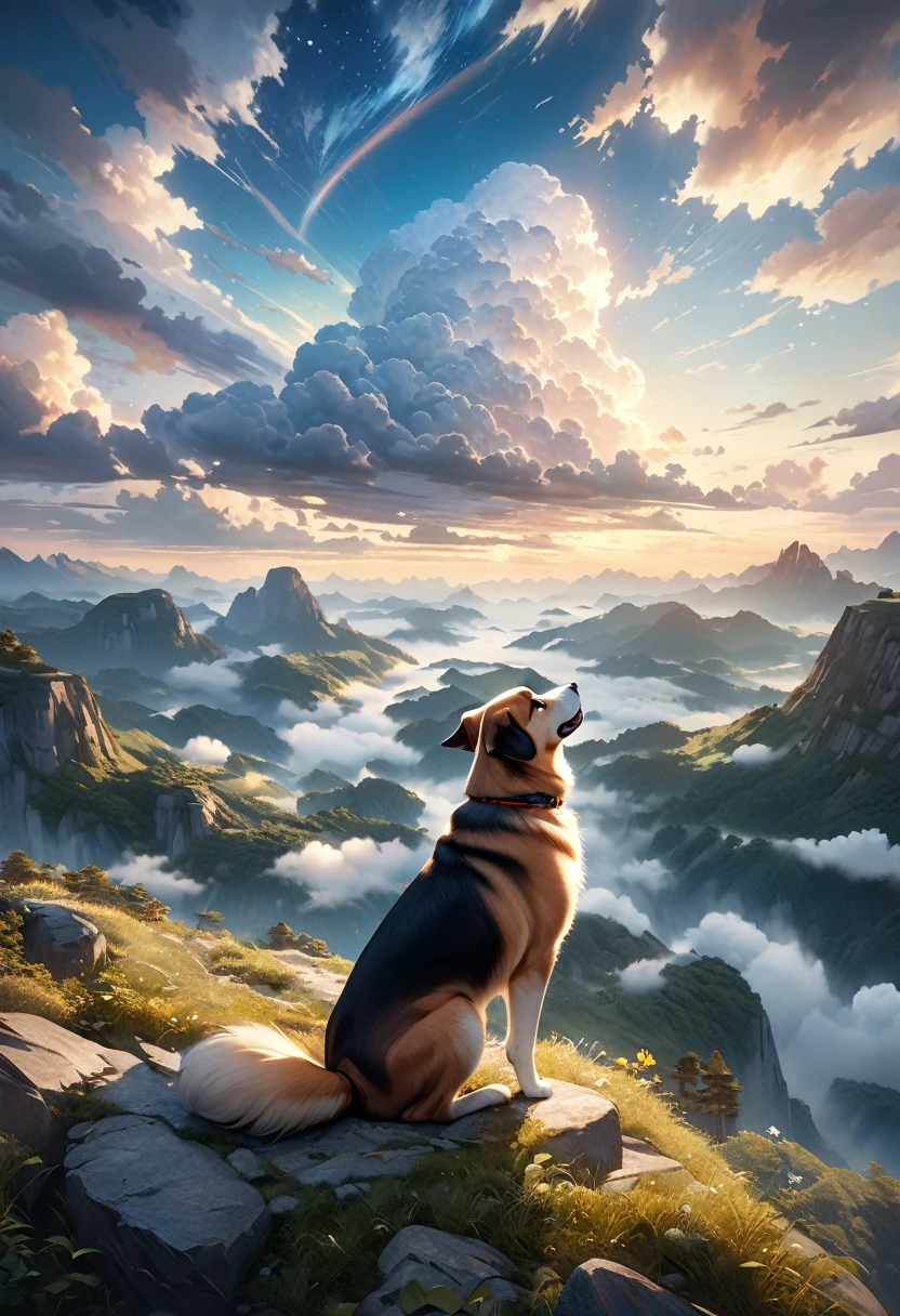 (Beautiful detailed sky with clouds:1.5)、Dog floating in the sky:1.1、(詳細でRealな空:1.4)、Fluffy Clouds、Serene atmosphere、Peaceful setting、(Highest quality、8k、High resolution、masterpiece:1.2)、Super detailed、(Real、Photorealistic、Photorealistic:1.37)、landscape、Bright colors、Dramatic lighting、Cinematic composition、Ethereal、Whimsical、dream-like