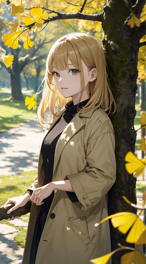 autumnal，beautiful  Girl（1girll：1.3），A high resolution，ultra - detailed，ginko，Ginkgo tree，komono，Noon time，And focus on the subtle details and atmosphere of the scene。