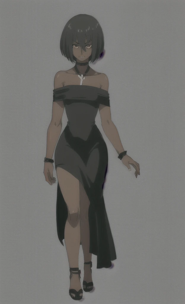 90s grown skinny evil black skinned women with short black hair wearing black dress