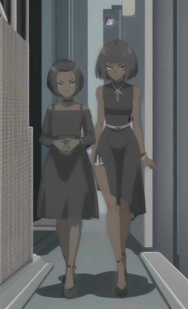 90s grown skinny evil black skinned women with short black hair wearing black dress