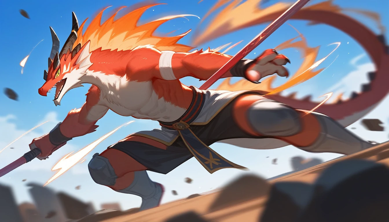 top quality, High quality illustrations((masterpiece))depth of field, Motion blur, absurdities, perfect anatomy, Magnificent image of kemono fighting fierce battles., kemono, 1 chico, Focus only, the second((dramatic))epic, weapon, dynamic pose, a scene of the movie.,furry,host dragon