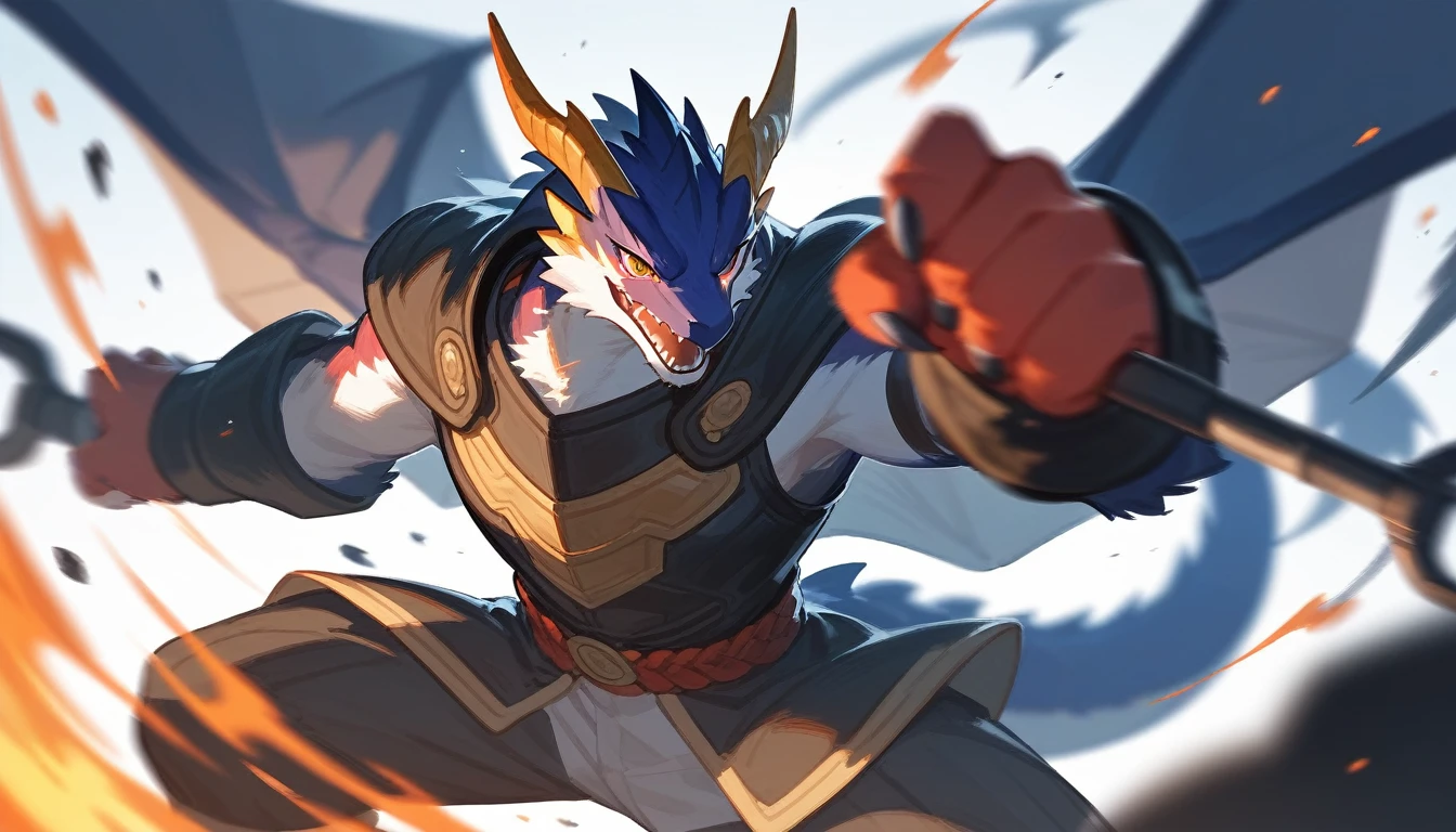 top quality, High quality illustrations((masterpiece))depth of field, Motion blur, absurdities, perfect anatomy, Magnificent image of kemono fighting fierce battles., kemono, 1 chico, Focus only, the second((dramatic))epic, weapon, dynamic pose, a scene of the movie.,furry,host dragon