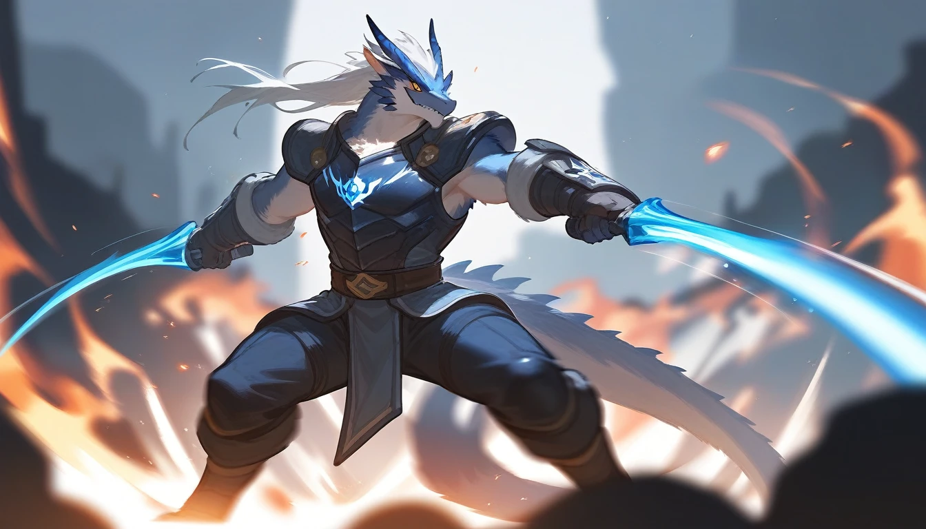 top quality, High quality illustrations((masterpiece))depth of field, Motion blur, absurdities, perfect anatomy, Magnificent image of kemono fighting fierce battles., kemono, 1 chico, Focus only, the second((dramatic))epic, weapon, dynamic pose, a scene of the movie.,furry,host dragon