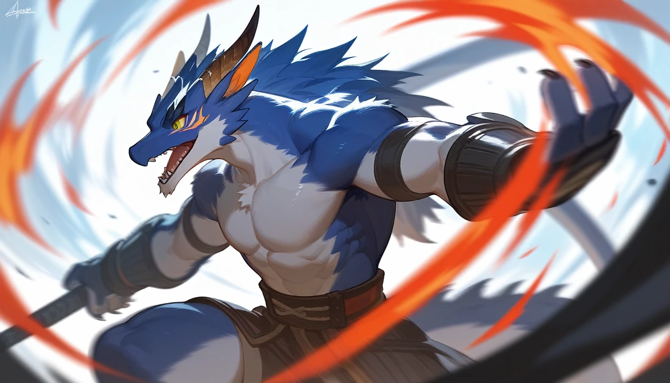 top quality, High quality illustrations((masterpiece))depth of field, Motion blur, absurdities, perfect anatomy, Magnificent image of kemono fighting fierce battles., kemono, 1 chico, Focus only, the second((dramatic))epic, weapon, dynamic pose, a scene of the movie.,furry，host dragon
