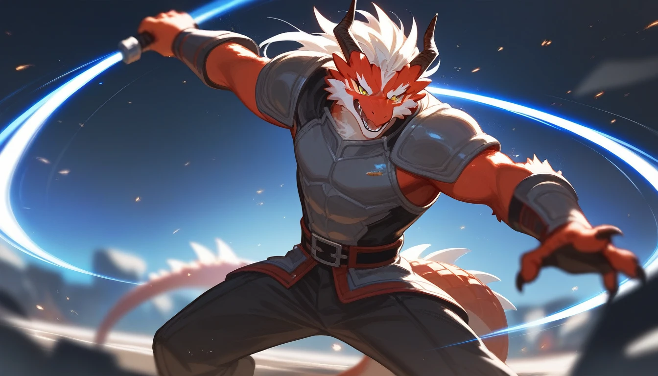 top quality, High quality illustrations((masterpiece))depth of field, Motion blur, absurdities, perfect ???????, Magnificent image of kemono fighting fierce battles., kemono, 1 chico, Focus only, the second((dramatic))epic, weapon, dynamic pose, a scene of the movie.,furry，host dragon
