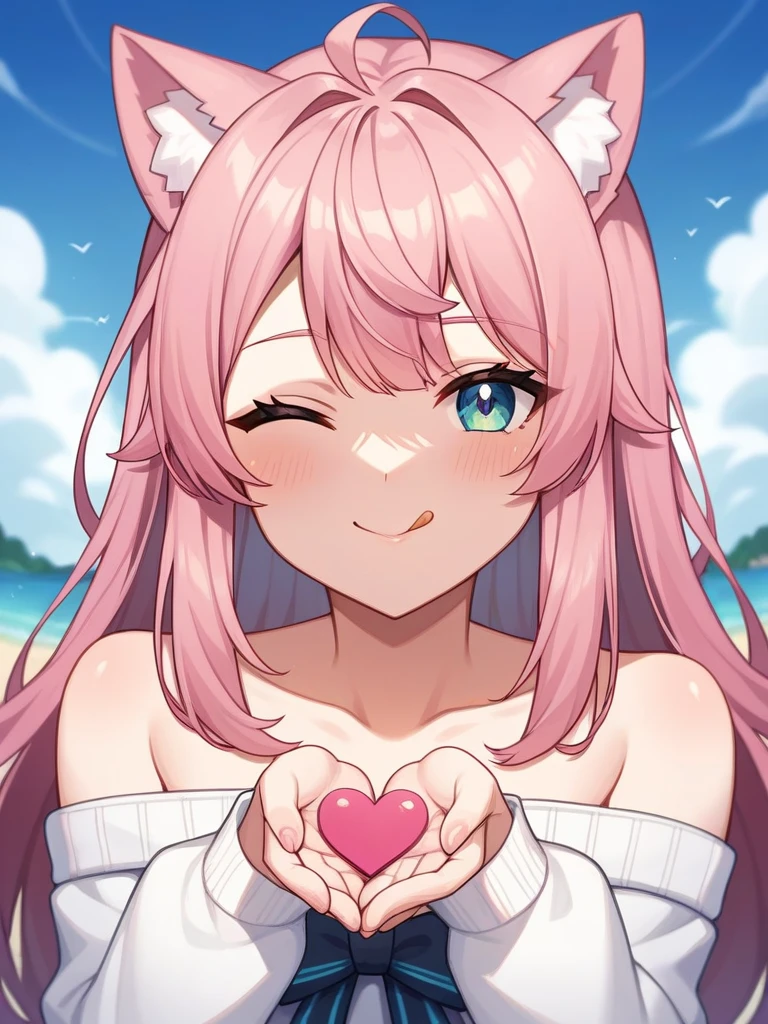 Adult, Female, long pink hair, winking, smiling, tongue out, vtuber, otaku bedroom, Masterpiece, Accurate, Anatomically Correct, Best Quality, High Details, Detail, Super Detailed, Best detail, Perfect detail, Amazing detail, [-3, 3], perfect hands, best hands, best fingers, perfect fingers, perfect body, best body, amazing body, Looking at viewer, front facing, upper body shot, Cat Ears, Close-Up, 