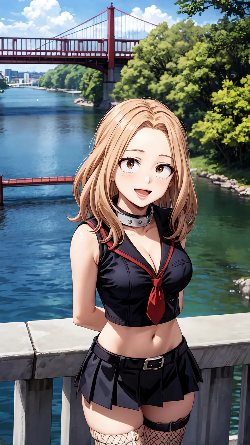 Masterpiece ,best quality , high resolution , ultra detail , (1 girl solo:1.3) , (Camie , brown hair , brown eyes) , (wear sailor , tie , thigh strap , miniskirt , fishnet stockings , Fishnet socks) , belly m navel , (standing:1.25) , (cleavage:1.3) , (medium breast:1.3) , ( full face blush , shy , smile , open mouth) , (arms behind back , hands behind back) , outdoor , tree , cherry bolossom , on bridge , river , city , (face view , look at view , front view , stanging , cowboy_shot) , (wide angle , ultra detail eyes , perfect face , ultra detailed hair and face) ,