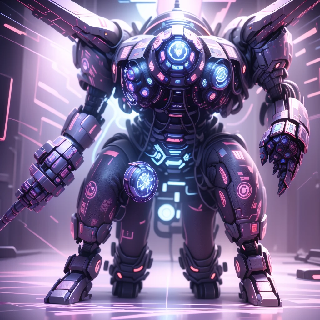 masterpiece, best quality, ultra-detailed), Liberty Guardian-X1 mecha, 9 meters tall, 28 tons, hybrid propulsion system (electric and plasma-based), high-strength titanium alloys and nanocomposite armor, break robust and imposing form, with elegant, aerodynamic curves and angular armor plating, patriotic paint job in red, white, and blue with a glossy finish and fluorescent highlights, break dual plasma cannons mounted on forearms, shoulder-mounted missile launchers with smart targeting and variable munitions, retractable energy katana integrated into the right arm, break dual compact fusion reactors powering both propulsion and weapon systems, adaptive energy shields responding to threats, advanced sensor arrays including radar, infrared, LIDAR, and EM sensors, break Liberty AI System V2.5 for tactical support and autonomous operations, ergonomic pilot seat with full-motion support and damping systems, break holographic HUDs and tactile controls, neural interfaces for direct control and feedback, multiple safety systems including emergency ejection and self-sealing armor capsule, break highly articulated joints with hydraulic reinforcement systems, multiple maneuvering thrusters for quick direction changes and high agility, high ground mobility with adaptive foot structures and retractable wheels, break imposing and powerful, futuristic military design, cinematic lighting, industrial setting, cutting-edge technology, intricate details