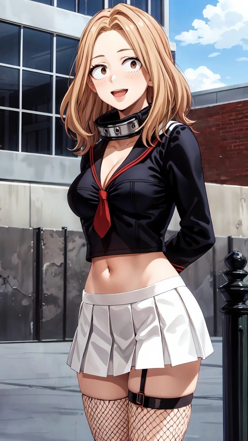 Masterpiece ,best quality , high resolution , ultra detail , (1 girl solo:1.3) , (Camie , brown hair , brown eyes) , (wear sailor , tie , thigh strap , miniskirt , fishnet stockings , Fishnet socks) , belly m navel , (standing:1.25) , (cleavage:1.3) , (medium breast:1.3) , ( full face blush , shy , smile , open mouth) , (arms behind back , hands behind back) , outdoor , building behind , wall , (face view , look at view , front view , stanging , cowboy_shot) , (wide angle , ultra detail eyes , perfect face , ultra detailed hair and face) , 