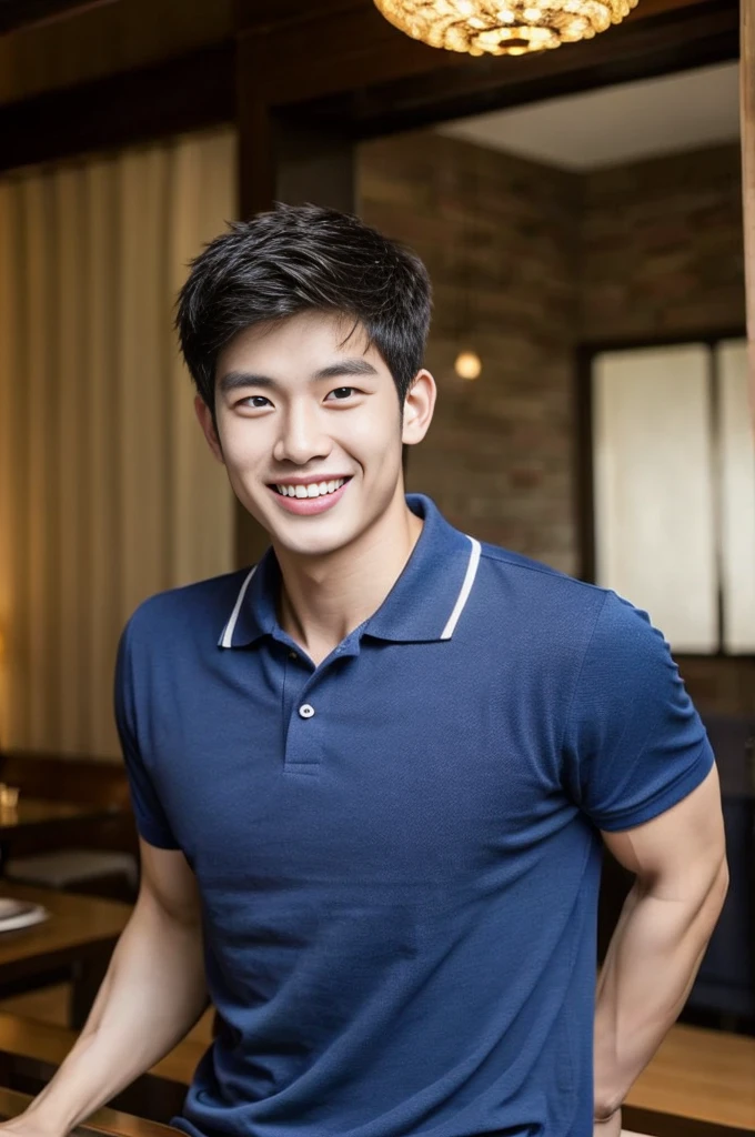 Korean man, Inspiration from Peng Yuyan, 23 years old, Korean muscular man ，The dining room is in the back, a tight-fitting polo shirt., open mouth smile