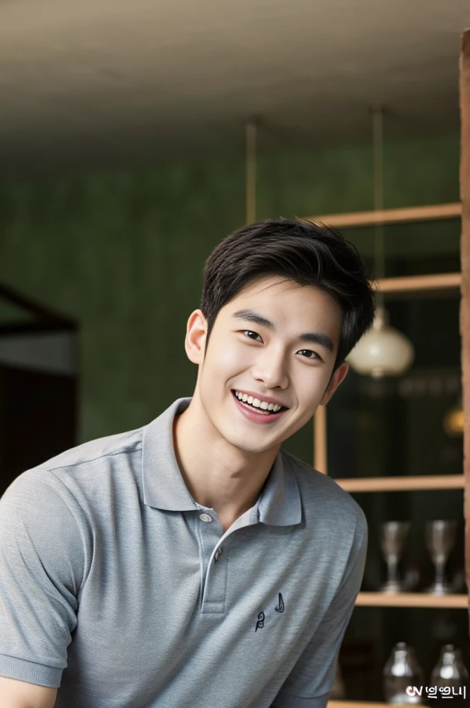 Korean man, Inspiration from Peng Yuyan, 23 years old, Korean muscular man ，The dining room is in the back, a tight-fitting polo shirt., open mouth smile