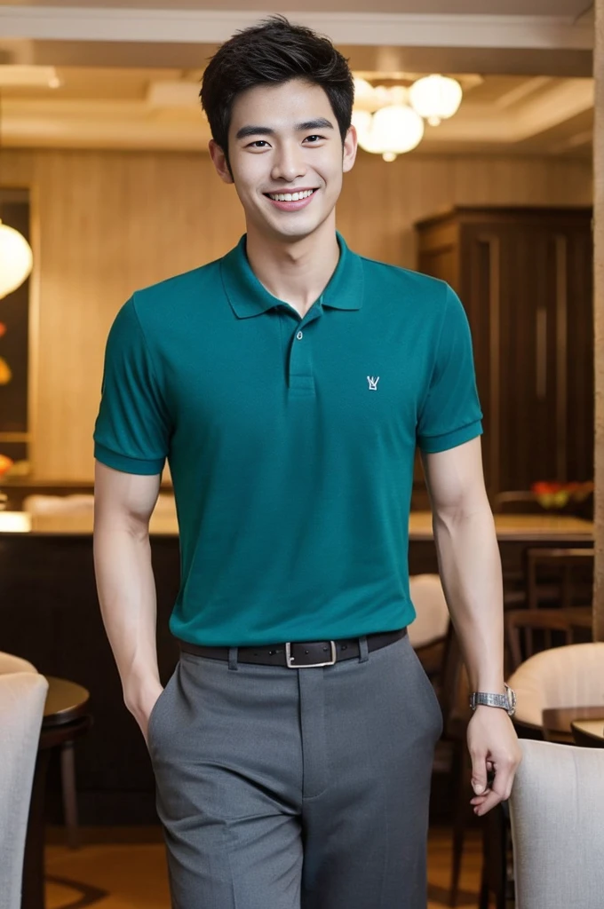 Korean man, Inspiration from Peng Yuyan, 23 years old, Korean muscular man ，The dining room is in the back, a tight-fitting polo shirt., open mouth smile