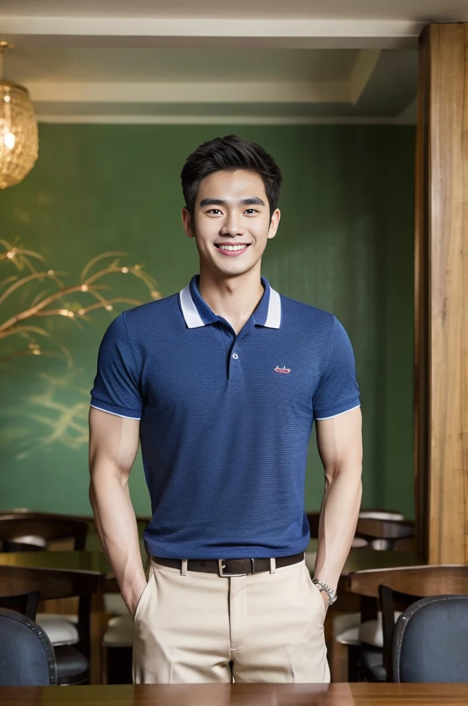 Korean man, Inspiration from Peng Yuyan, 23 years old, Korean muscular man ，The dining room is in the back, a tight-fitting polo shirt., open mouth smile