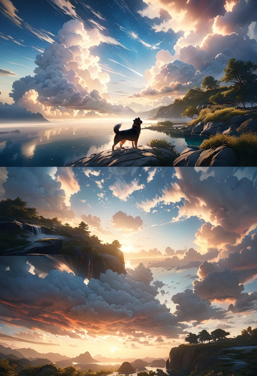(Beautiful detailed sky with clouds:1.5)、Dog floating in the sky:1.0、(詳細でRealな空:1.4)、Fluffy Clouds、Serene atmosphere、Peaceful setting、(Highest quality、8k、High resolution、masterpiece:1.2)、Super detailed、(Real、Photorealistic、Photorealistic:1.37)、landscape、Bright colors、Dramatic lighting、Cinematic composition、Ethereal、Whimsical、dream-like