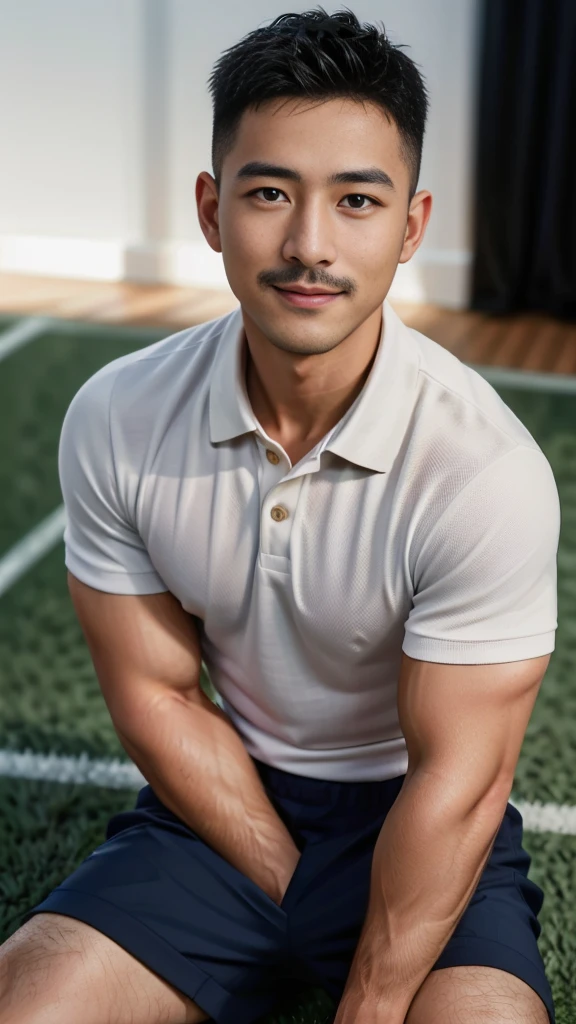 Masterpiece, best quality, high resolution, realistic, handsome, Take beautiful photos, A photo of a 35-year-old Gym Association member sitting on the floor. (The man has a thin mustache.) ,Full body, Portrait, standing on the football field, make military media, weight, Amazing , Buzzcut short hair,stubble head , (Hyper Muscle),looking at the audience, Flirt with the camera, charming, (Tight polo shirt Cargo pants ),(GS-Male:1), 8k,Bokeh,Portrait,look at the viewer, smile 