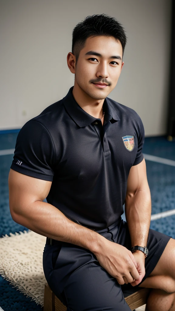Masterpiece, best quality, high resolution, realistic, handsome, Take beautiful photos, A photo of a 35-year-old Gym Association member sitting on the floor. (The man has a thin mustache.) ,Full body, Portrait, standing on the football field, make military media, weight, Amazing , Buzzcut short hair,stubble head , (Hyper Muscle),looking at the audience, Flirt with the camera, charming, (Tight polo shirt Cargo pants ),(GS-Male:1), 8k,Bokeh,Portrait,look at the viewer, smile