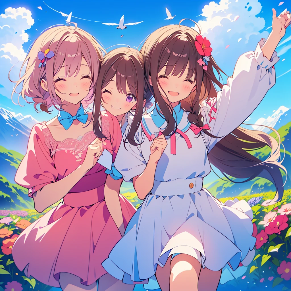 kawaii, anime, Cute, hyper quality, highly detailed, 8k, Clarity, young twin sisters, dark brown long hair, dark brown braided hair, petunia flower garden, Hold hands and dance around in the flower field, Close your eyes and smile, close your eyes and laugh, A good friend, dance and jump, Flower blooming plateau, spreading mountain range, clear sky, clear sky, little bird flies, plateau of the alps, light blue maid outfit, pink maid outfit, big ribbon, Draw facial expressions in detail, colorful petunia flowers, Close your eyes and smile, Petunia petals are dancing, Detailed drawing of petunia flowers, aerial view, light pours down, Symmetrical,