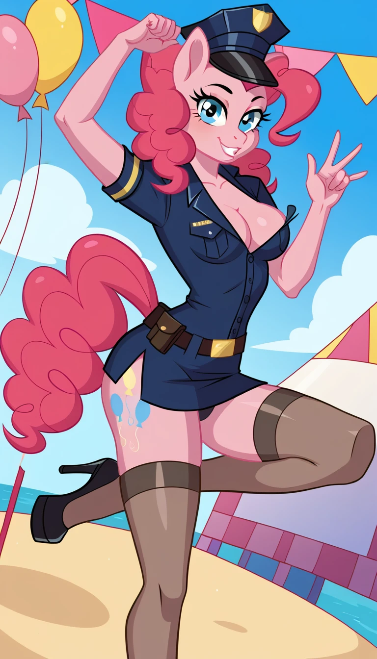 solo, girl, police uniform, sexy roleplay, seductive posing, NSFW, mlp style, anthro character, Pinkie Pie, pink skin, long curly rose hair, sexy opaque stockings, little breasts, surprise birthday party, at bedroom, seduce, offering body, offering pose, arousal, full body, focus on legs, masterpiece, high quality, best details