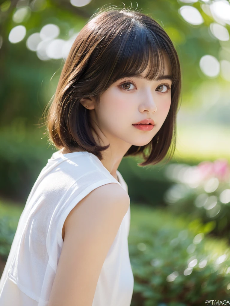 a beautiful young woman with flawlessly styled straight bob haircut, plein air painting, alone, best quality, ultra-high resolution, (beautiful detailed eyes, beautiful detailed lips, extremely detailed eyes and face, long eyelashes), (cute:1.3), (()), white shirt, twirling, natural colored lips, (above that) clean, pure, slightly parted lips, indoor, from behind, Cinematic Light