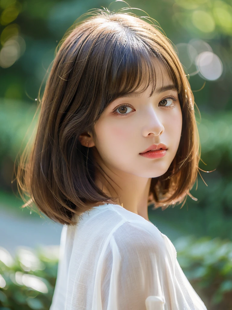 a beautiful young woman with flawlessly styled straight bob haircut, plein air painting, alone, best quality, ultra-high resolution, (beautiful detailed eyes, beautiful detailed lips, extremely detailed eyes and face, long eyelashes), (cute:1.3), ((16 years old)), white shirt, twirling, natural colored lips, (above that) clean, pure, slightly parted lips, indoor, from behind, Cinematic Light