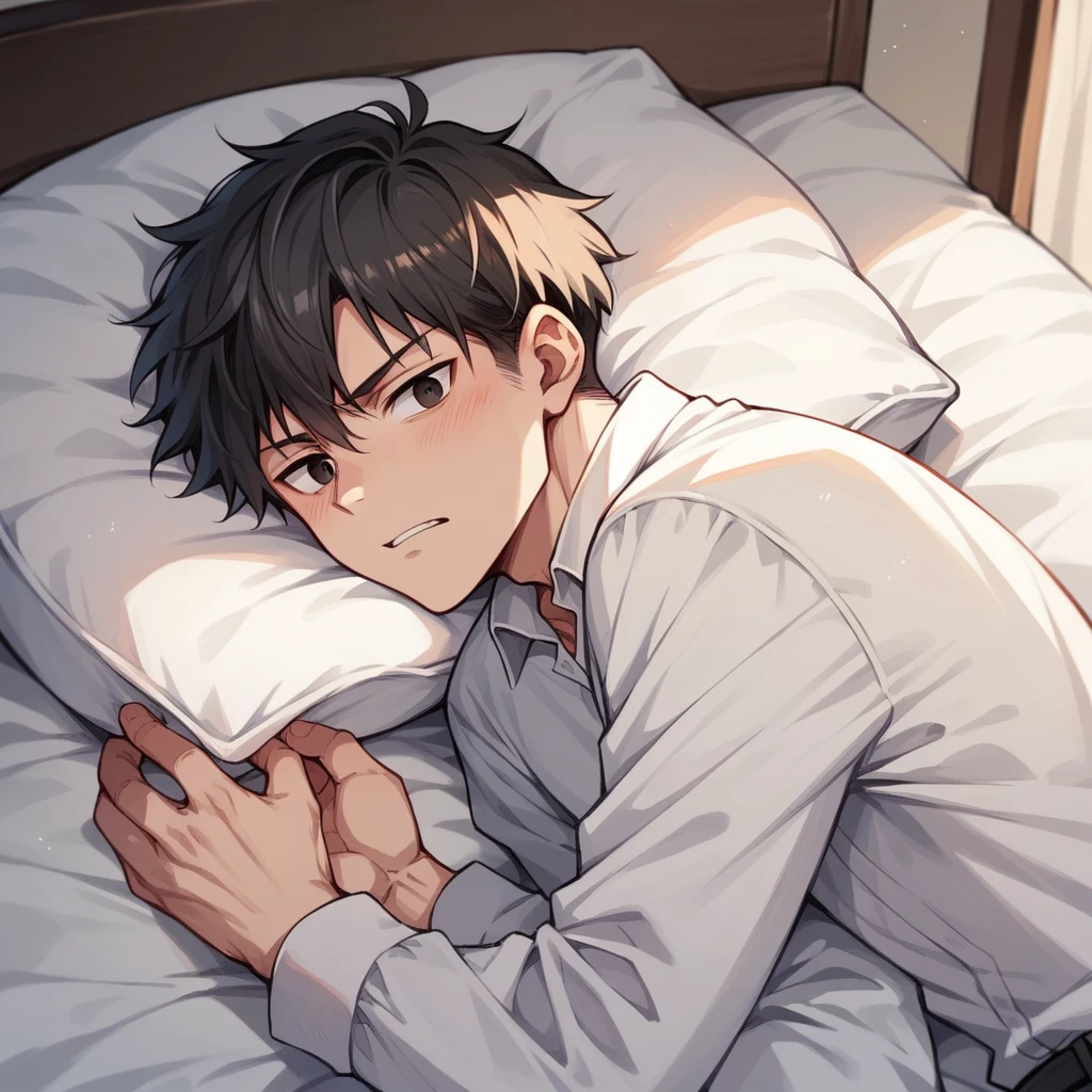 Strong Japanese boy , Black short hair, black eyes, Resolute expression, With white short-sleeved trousers, Lying on the white bed