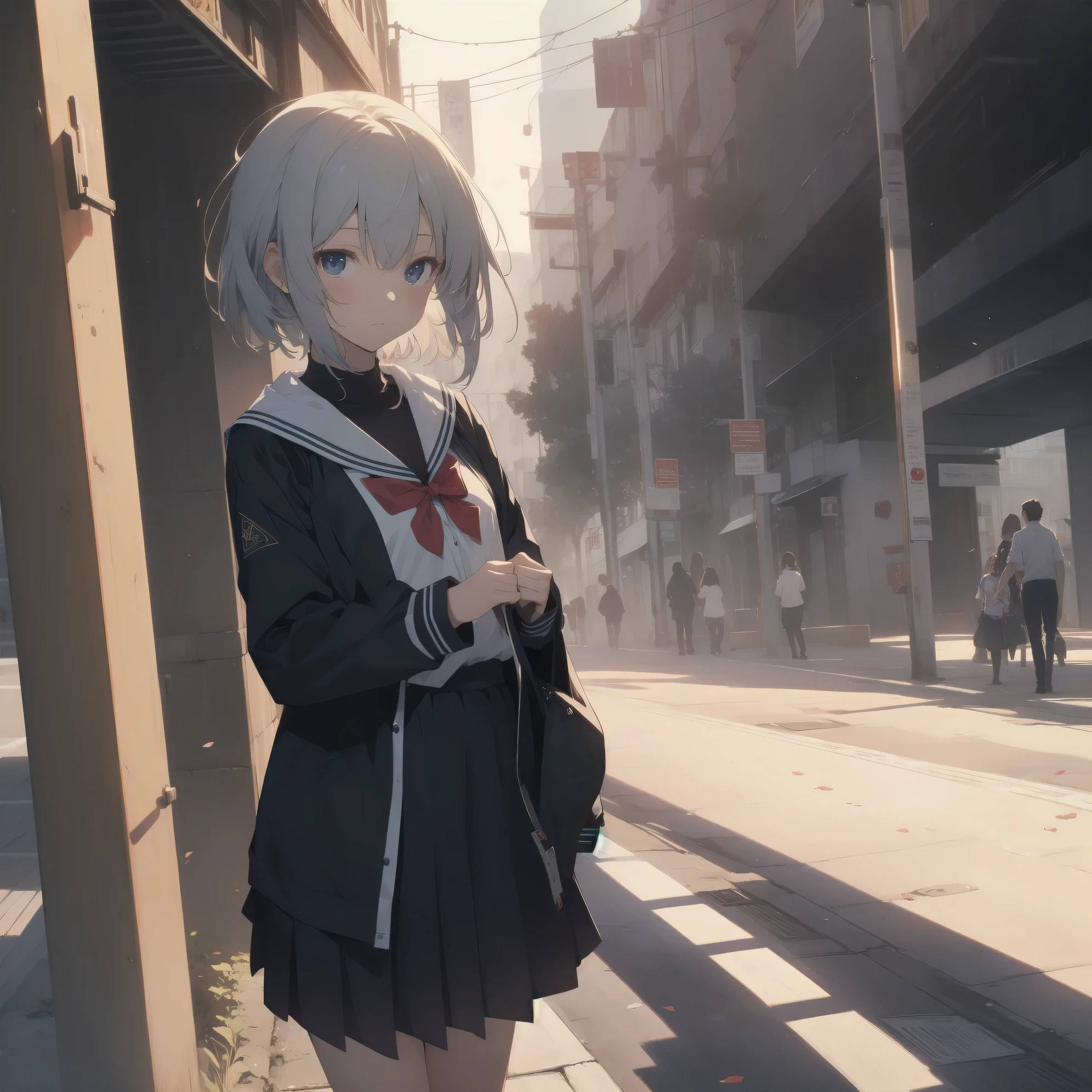 ultra-absurdres-Top quality by artist God, ultra-detailed, high resolution, anime moe artstyle, best anime 8k konachan wallpaper, pixiv contest winner, pool:2810, perfect anatomy,break, 1girl, (Please draw a girl walking sleepily to school alone. )break,(Solo,little female, 13-year-old:1.3),Full limbs, complete fingers,a junior high school student, (very short hair), short cut, flat chest, , small butt, small black eyes, beautiful detailed eyes, well-proportioned iris and pupils, expressive eyes, highres detailed hair, soft expression, salor school_uniform, sailor collar, serahuku, bow, pleated skirt,(Detailed Lighting), (Detailed background), in the School commute route. break,super detailed skin, Best cinematic lighting powered by famous artist, 8k,beauty illustration,photoshop_(medium),very aesthetic,break,((artist:kotorai )), artist:clamp ,artist:carnelian ,artist:kantoku ,