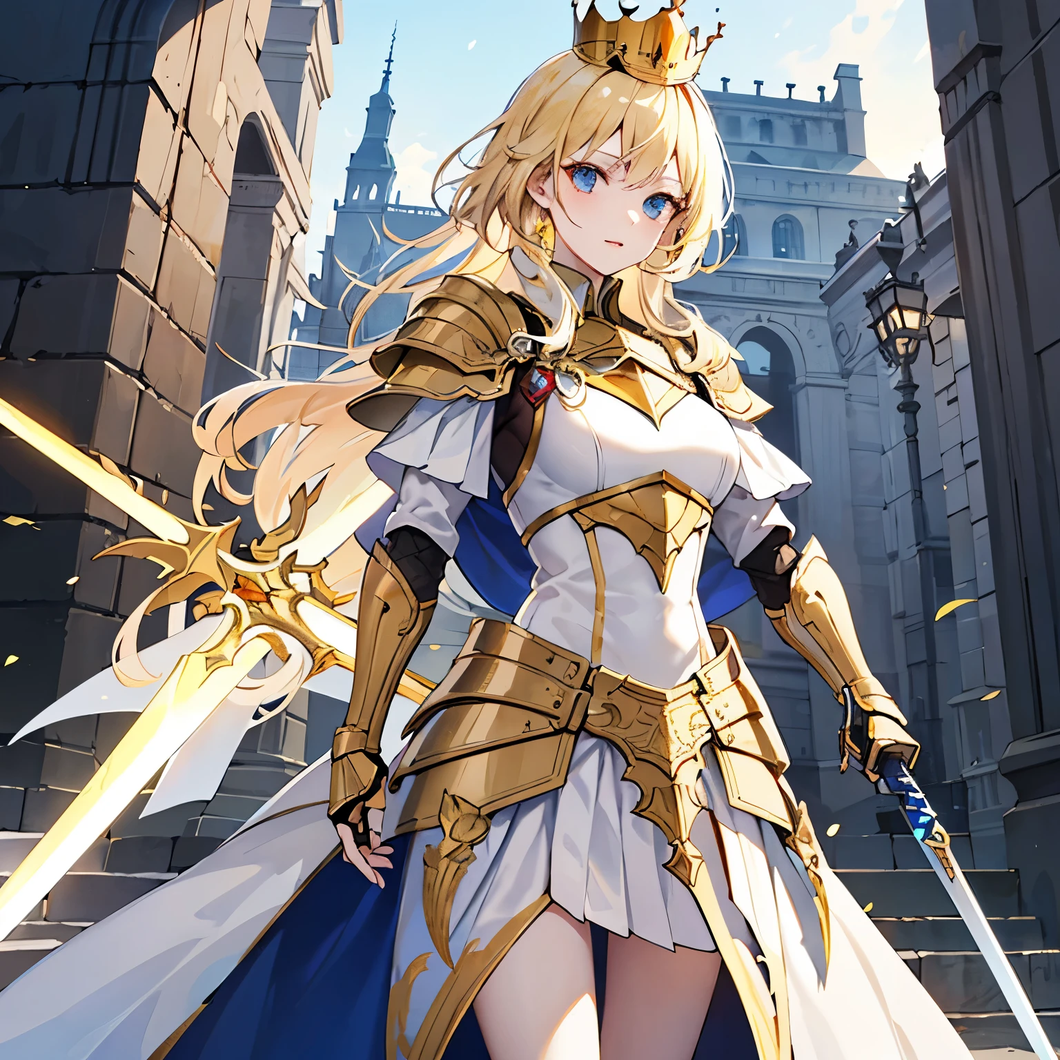 One blond woman with a White and Golden crown, and a White and Golden dress of armor, holding a Great sword.