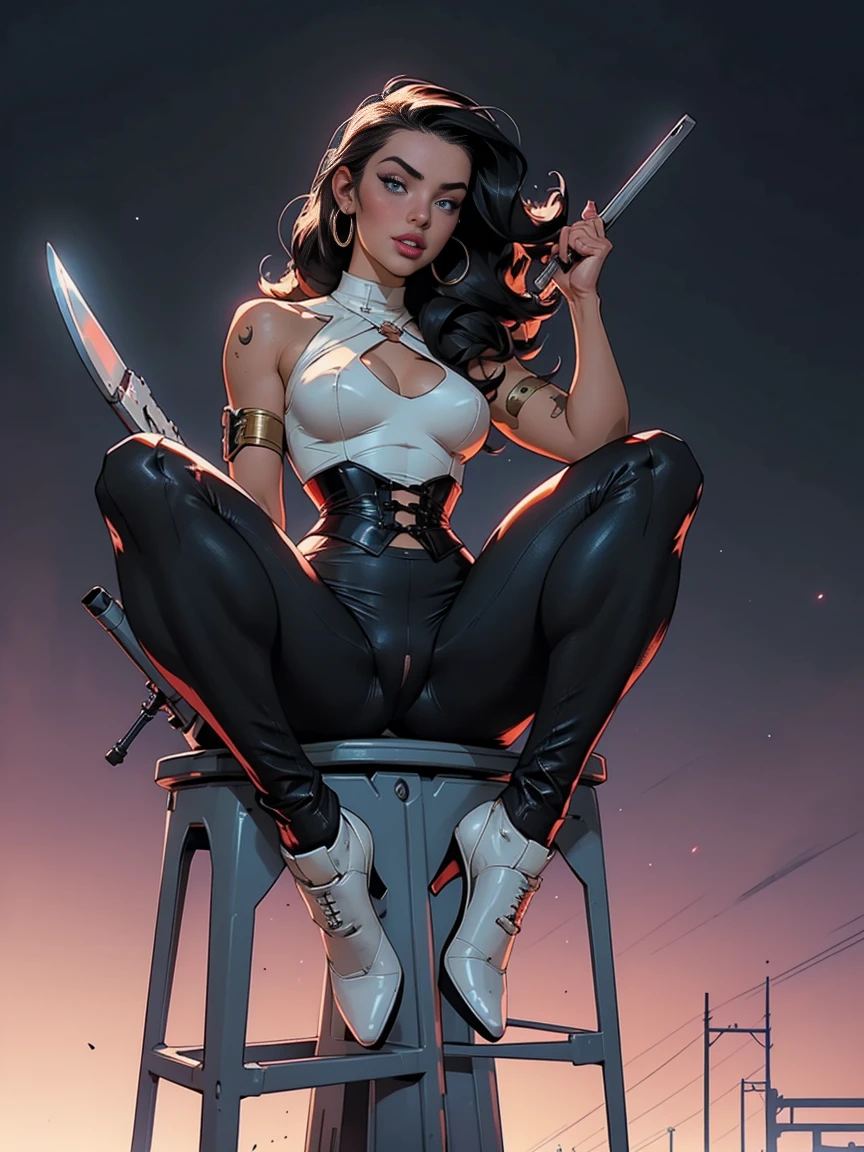 Alison Tyler as a realistic, complex cyborg face of perfect beauty, whole body, curved, on the comic panel, whole body, bold lineart illustration comics, alluring blue eyes, parted lips, perfectbody, curved, long black hair, NSFW:1.8, in the style of Adam Hughes, face detailed, parted lips, big fit ass ass, big fit ass , neckleace, (((from face to waist))), (((form of beautiful beauty))), wearing very small and sexy white lingerie with red lace, Blade runner, big fit ass city night background ((long sniper rifle artwork)), 4K, ultra HD, corset ((sitting on a long stool, SPREADING LEGS OPEN, long rifle between the legs))