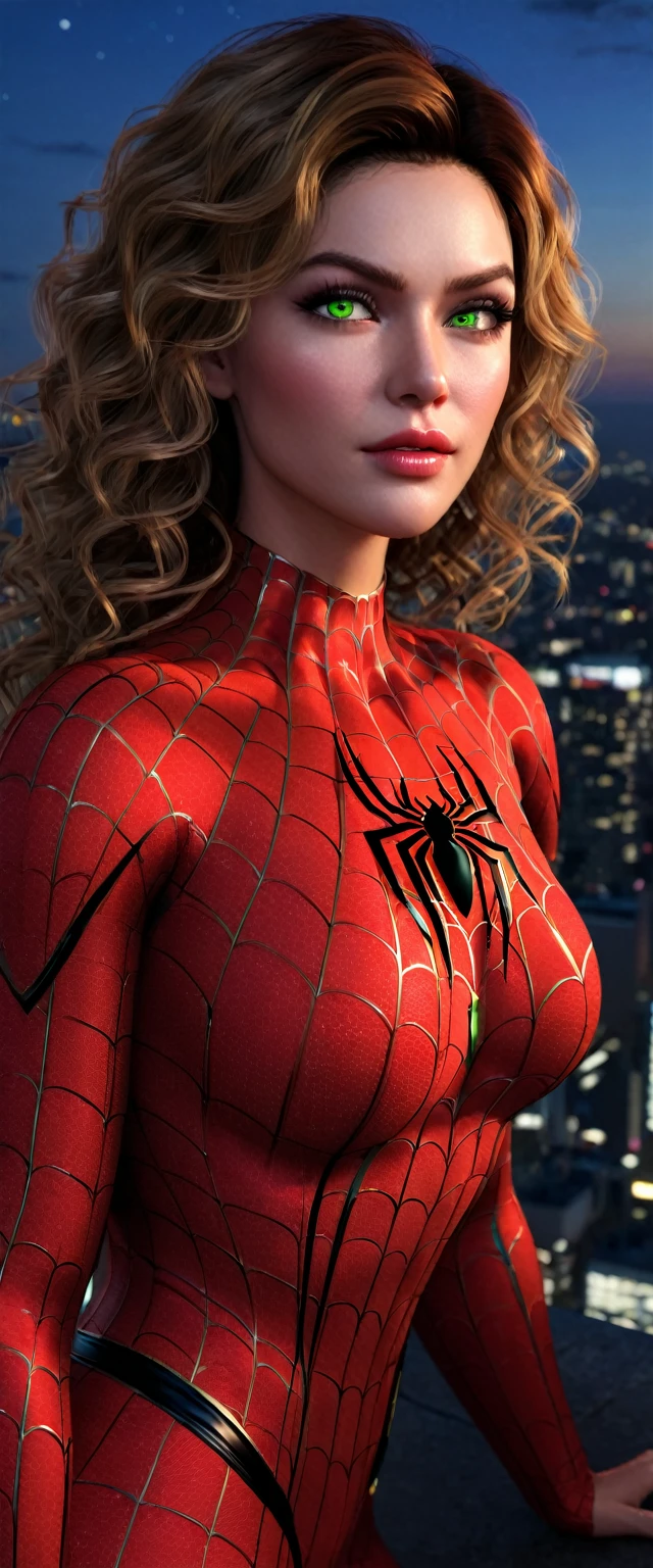 (dynamic lighting), (75mm), (realism), ((realistic:1.5)), (depth of field:1.5), (UHD), (32k))), (Mastepiece), (highres, high resolution), (Advanced facial details:1.5), ((shiny skin:1)), (photorealistic:1.5), (dslr), (soft lighting), (high quality), (clearly face:1.0), (full body shot), (full body portrait:1.0), (finely detailed face:1.0), (top quality), (Best Quality:1.5), (detailed,long,curly hair,extremely detailed spider woman,long curly hair and extremely detailed face,beautiful detailed lips,green eyes,spider-woman costume),(digital illustration),(spider web,city skyline,moonlit night,spider logo),(best quality,high-res,realistic:1.37),(comic book style,heroic,action-packed),(vibrant colors,contrast,shadows),(dramatic lighting,moonlight,city lights),