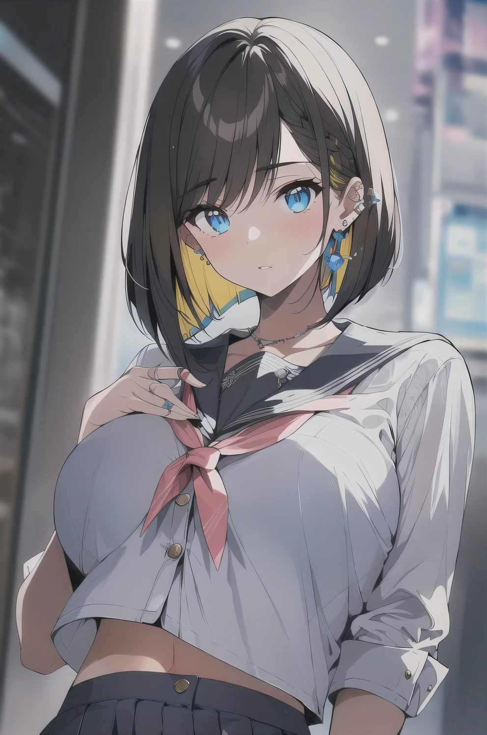 (best quality), (Super detailed), (Best Illustration), (masterpiece), score_9, score_8_up, score_7_up, (4k), (1woman), (white serafuku), (large breasts), {brown hair, (sideburns), (bob cut:1.3), curly hair, hairs between eyes, colored inner hair}, blue eyes, parted lips, expressionless, blush, earring, cyber city