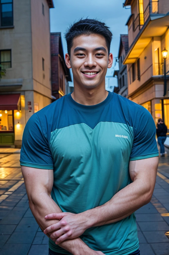 (best quality, 4K, 8k, high resolution, Masterpiece: 1.2), Special details, (realistically, As realistic as a photo, photo realistic: 1.37), Edge lighting, Extra detailed coloring, sharp focus, Physical rendering ,Extremely detailed description,professional,light color,Bokeh,Portrait,look at the viewer, tourist attractions Young Asian man, 20 years old ,(Wear a T-shirt), smile
