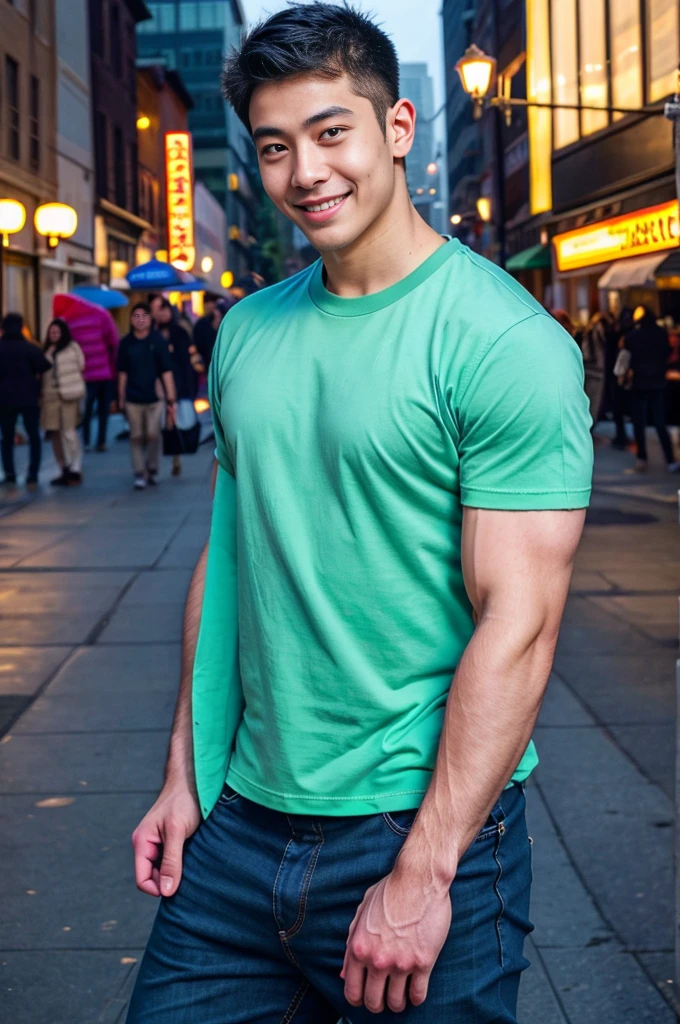(best quality, 4K, 8k, high resolution, Masterpiece: 1.2), Special details, (realistically, As realistic as a photo, photo realistic: 1.37), Edge lighting, Extra detailed coloring, sharp focus, Physical rendering ,Extremely detailed description,professional,light color,Bokeh,Portrait,look at the viewer, tourist attractions Young Asian man, 20 years old ,(Wear a T-shirt), smile