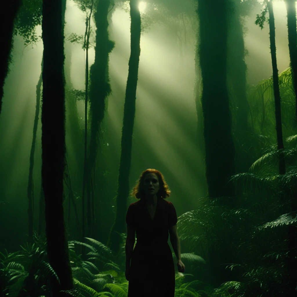 movie still of a desperate woman walking throught the rainforest, (scared:1.2), close-up, (horror \(theme\):1.3), film grain, dark shadows, dramatic lighting