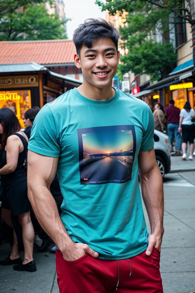 (best quality, 4K, 8k, high resolution, Masterpiece: 1.2), Special details, (realistically, As realistic as a photo, photo realistic: 1.37), Edge lighting, Extra detailed coloring, sharp focus, Physical rendering ,Extremely detailed description,professional,light color,Bokeh,Portrait,look at the viewer, tourist attractions Young Asian man, 20 years old ,(Wear a T-shirt), smile