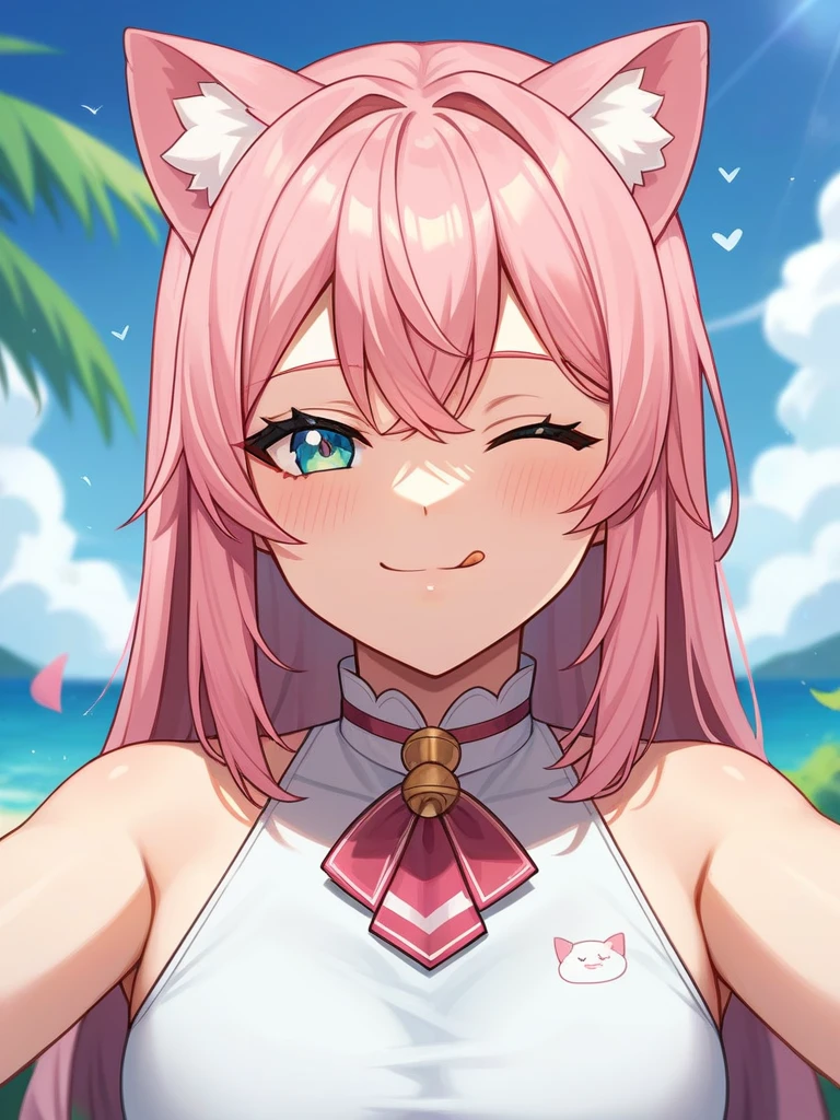 Adult, Female, long pink hair, winking, smiling, tongue out, vtuber, otaku bedroom, Masterpiece, Accurate, Anatomically Correct, Best Quality, High Details, Detail, Super Detailed, Best detail, Perfect detail, Amazing detail, [-3, 3], perfect hands, best hands, best fingers, perfect fingers, perfect body, best body, amazing body, Looking at viewer, front facing, upper body shot, Cat Ears, Close-Up, 