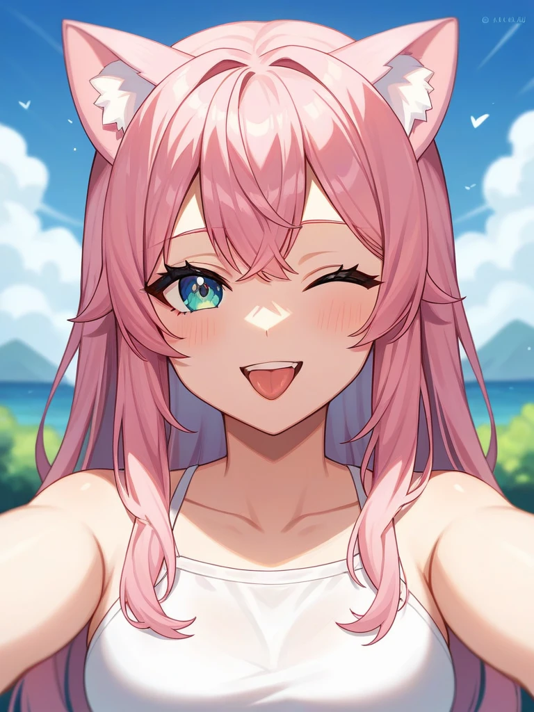 Adult, Female, long pink hair, winking, smiling, tongue out, vtuber, otaku bedroom, Masterpiece, Accurate, Anatomically Correct, Best Quality, High Details, Detail, Super Detailed, Best detail, Perfect detail, Amazing detail, [-3, 3], perfect hands, best hands, best fingers, perfect fingers, perfect body, best body, amazing body, Looking at viewer, front facing, upper body shot, Cat Ears, Close-Up, 