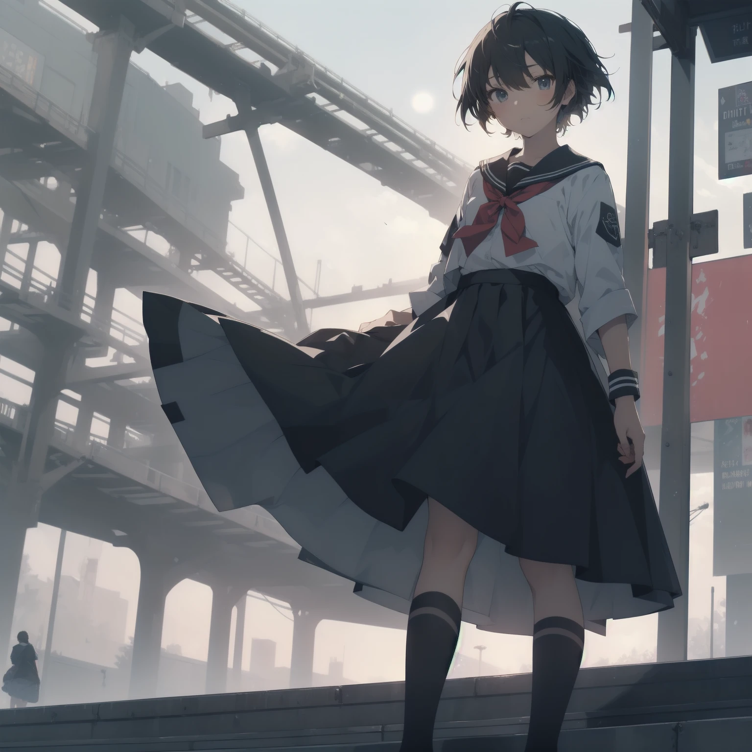 ultra-absurdres-Top quality by artist God, ultra-detailed, high resolution, anime moe artstyle, best anime 8k konachan wallpaper, pixiv contest winner, pool:2810, perfect anatomy,break, 1girl, (Please draw a girl walking sleepily to school alone. )break,(Solo,little female, 13-year-old:1.3),Full limbs, complete fingers,a junior high school student, (very short hair), short cut, flat chest, , small butt, small black eyes, beautiful detailed eyes, well-proportioned iris and pupils, expressive eyes, highres detailed hair, soft expression, salor school_uniform, sailor collar, serahuku, bow, pleated skirt,(Detailed Lighting), (Detailed background), in the School commute route. break,super detailed skin, Best cinematic lighting powered by famous artist, 8k,beauty illustration,photoshop_(medium),very aesthetic,break,((artist:kotorai )), artist:clamp ,artist:carnelian ,artist:kantoku ,