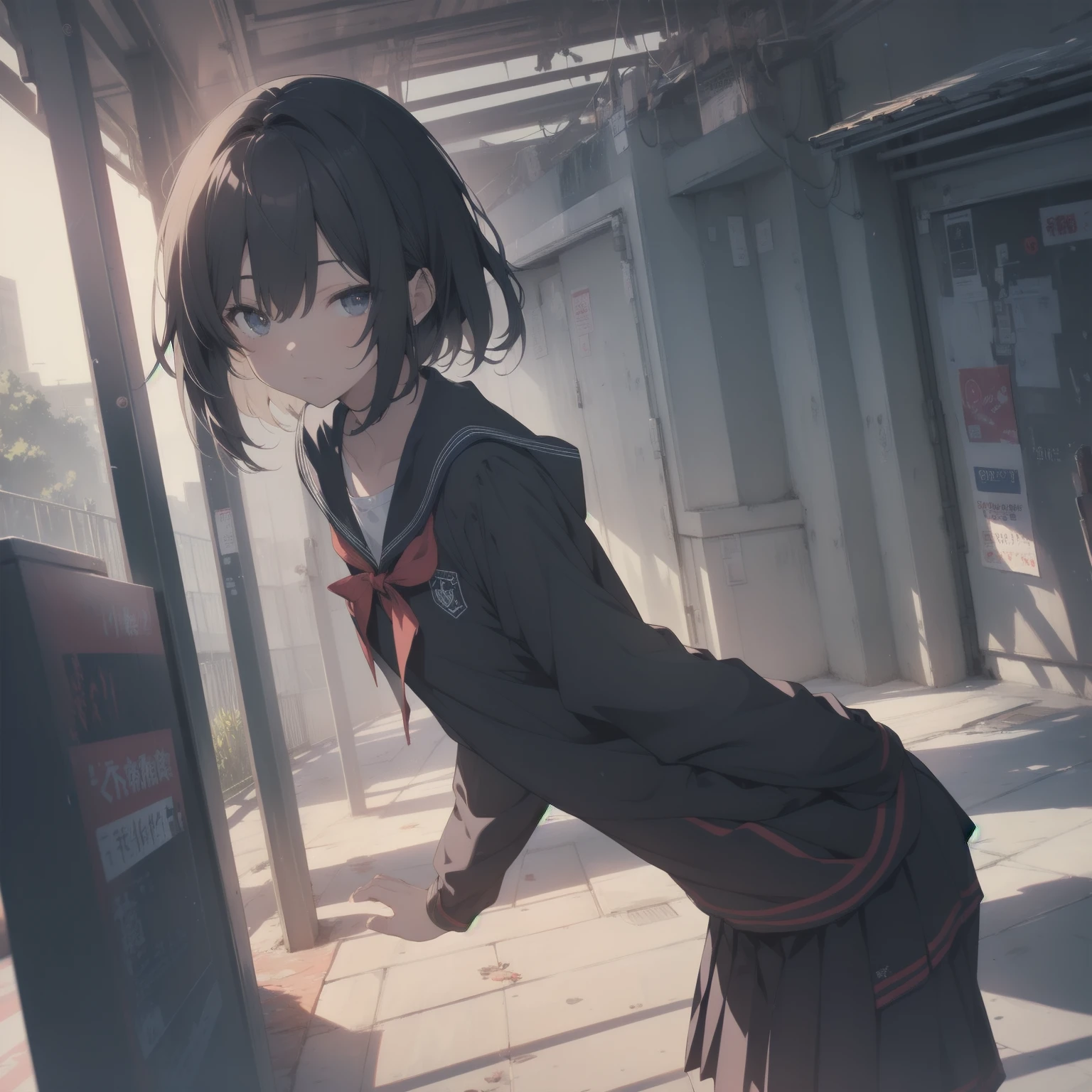 ultra-absurdres-Top quality by artist God, ultra-detailed, high resolution, anime moe artstyle, best anime 8k konachan wallpaper, pixiv contest winner, pool:2810, perfect anatomy,break, 1girl, (Please draw a girl walking sleepily to school alone. )break,(Solo,little female, -yeld:1.Full limbs, complete fingers,a junior hihort hair), short cut, flat chest, , small butt, small black eyes, beautiful detailed eyes, well-proportioned iris and pupils, expressive eyes, highres detailed hair, soft expression, salor school_uniform, sailor collar, serahuku, bow, pleated skirt,(Detailed Lighting), (Detailed background), in the School commute route. break,super detailed skin, Best cinematic lighting powered by famous artist, 8k,beauty illustration,photoshop_(medium),very aesthetic,break,((artist:kotorai )), artist:clamp ,artist:carnelian ,artist:kantoku ,
