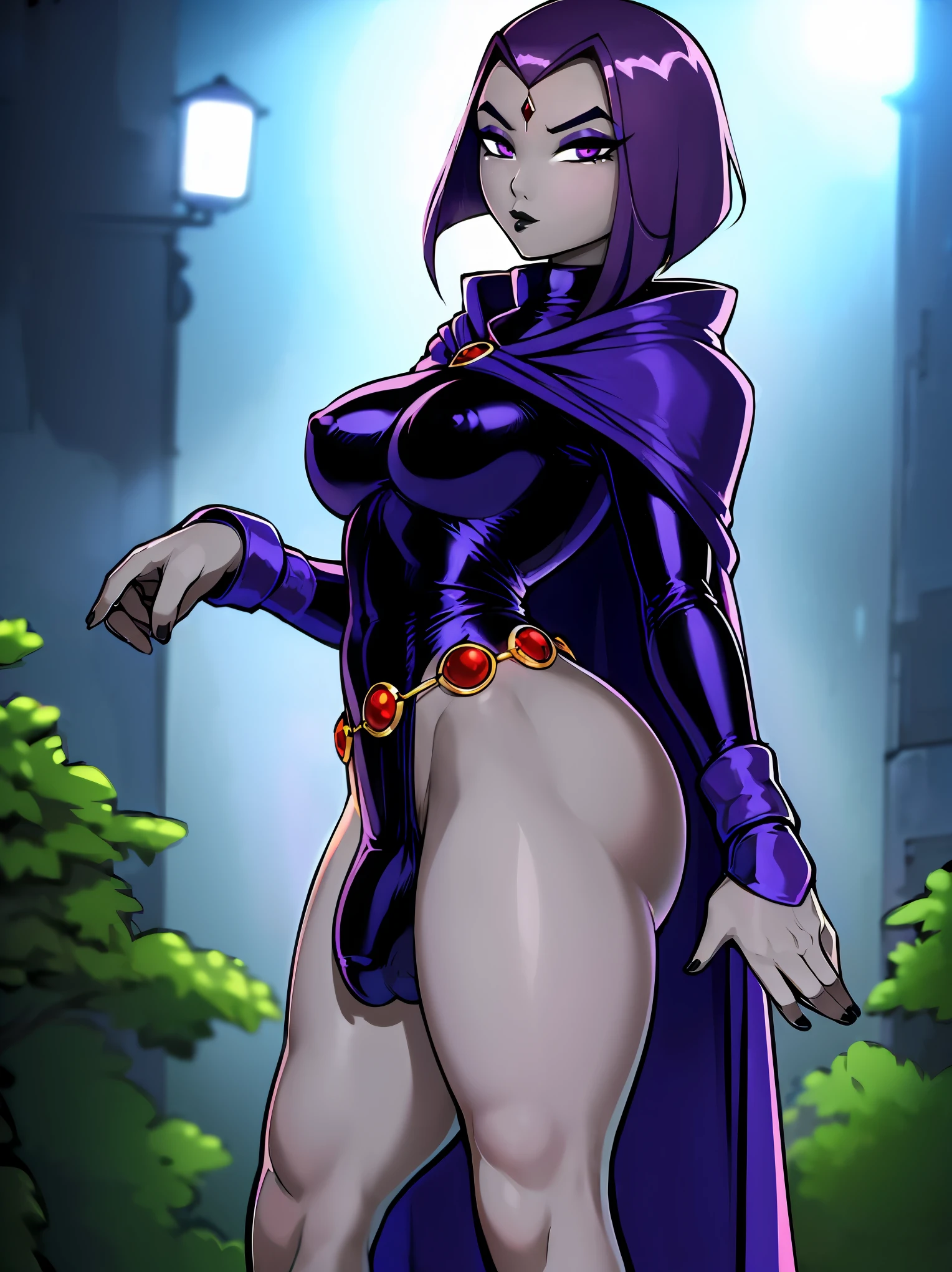 (solo:1.1),(masterpiece), (best quality:1.3), ultra detailed, intricate, (nice hands:1.4), professional art, digital art, absurdres, shadraven, (Full body view:1.1), 1girl, solo, (grey skin:1.4), dark purple hair, bob hair, purple eyes, hips wider than shoulders, pear shaped body, jewellery, detailed thighs, thick thighs, red jewel in forehead, jewels, (long sleeved turtleneck leotard:1.3), cuffs, small breasts, (shadraven cloak), (Shadraven broach:1.2), Shadraven jewel belt, Shadraven wearing a long sleeved leotard outside at night, long legs, ( long crotch bulge:1.4), large penis, large testicles, side view, looking at viewer, bubble butt , gluteal crease, universal lighting,,